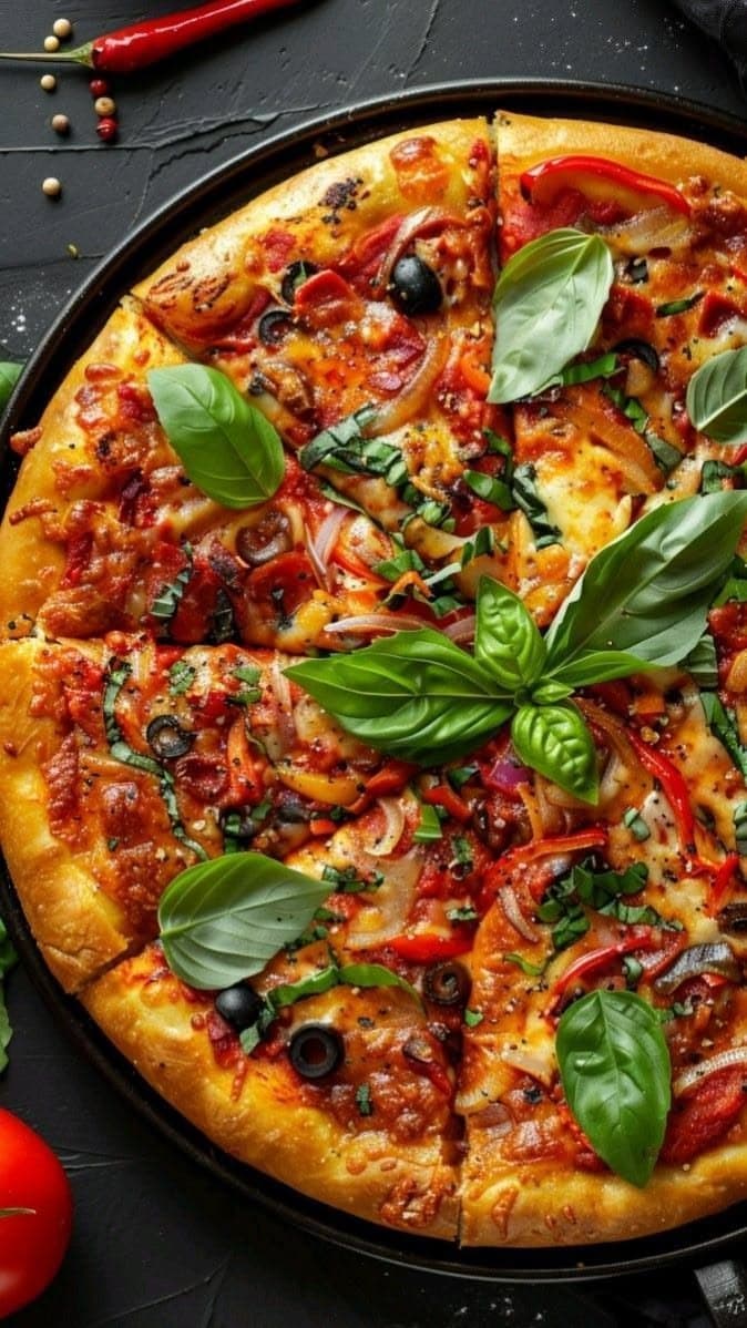 Pizza finalizada com manjericão fresco, azeitonas e pimenta
